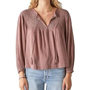 LUCKY BRAND Women’s Smocked Peasant Blouse-Twilight Mauve Boho Top-Size S - NWT